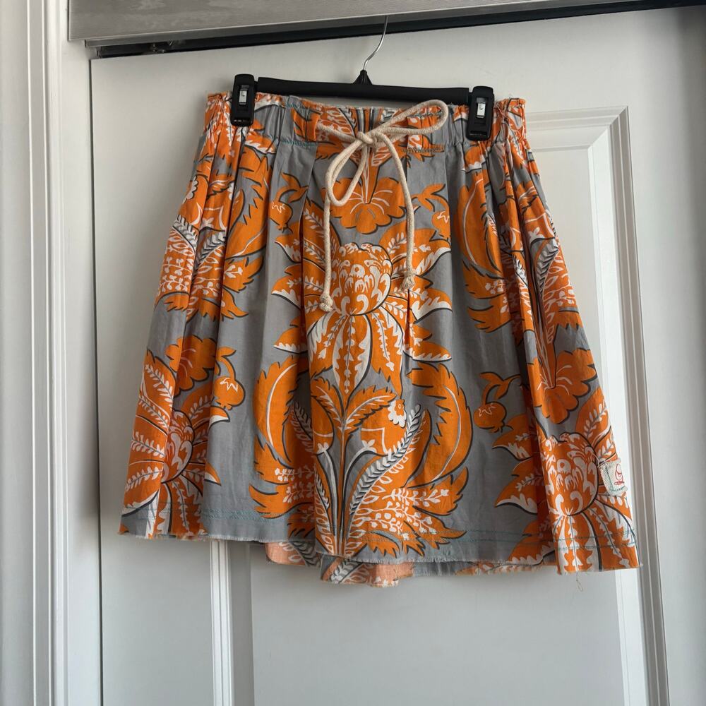 Gray & Orange Floral Drawstring Mini Skirt
